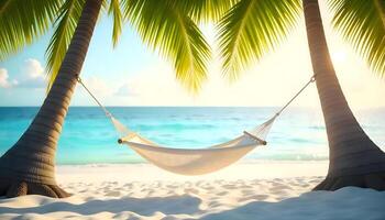 Tropical Paradise, Relaxing Hammock Between Palm Trees on a Pristine Beach photo