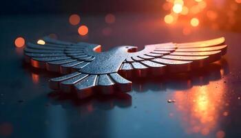 Symbol of Grace and Power, Stylized Bird Emblem on a Reflective Surface Amidst Dramatic Bokeh photo