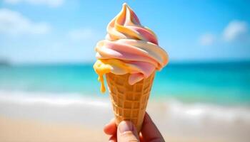 Swirled Ice Cream Cone, Beach Scene Backdrop, Refreshing Summer Holidays Vibes photo