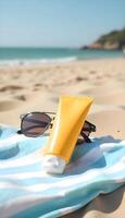 Essential Beach Setup, Sunblock and Shades with Ocean Waves in the Background for Social Media Stories photo