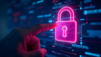 Securing Digital Landscapes With the Glow of a Pink Padlock Icon and Data Streams photo
