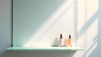 Elegant Floating Shelf with Skincare Bottles in Soft Lighting photo