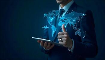 Global Connectivity, Business Executive with Tablet and Digital World Map Highlighting Air Travel for Modern Enterprise Solutions photo