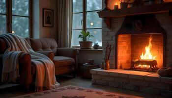 A warm and inviting living room with a lit stone fireplace decorated with glowing string lights and holiday charm photo