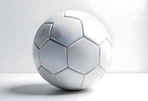 Close-Up of a Classic White Soccer Ball Featuring Distinct Hexagonal and Pentagonal Patterns on a Pristine Backdrop photo