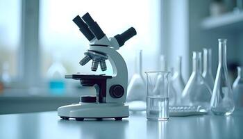 Exploring Scientific Discoveries, Microscope and Blue Liquid Lab Setup in a Sunlit Research Environment photo