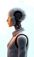 Futuristic Humanoid Robot Showcasing Advanced Mechanics and Exposed Wiring Against a Soft Cloudy Sky for Innovative Technology Visuals photo