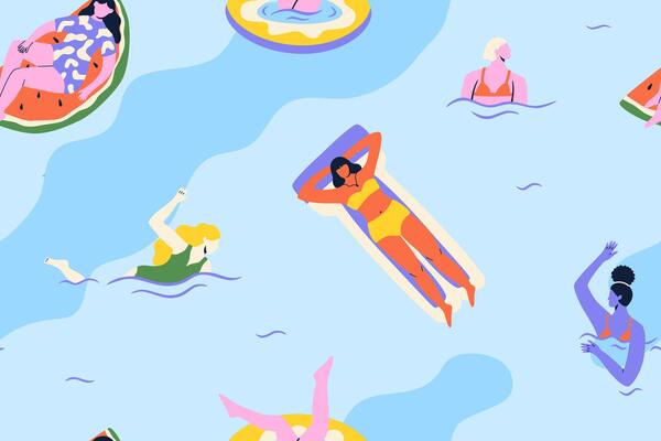 Seamless pattern with women swimming in swimming pool. Summer vacation. Girls in swimsuits. Quirky groovy illustration. hand drawn background.