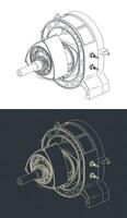 Wankel rotary engine isometric drawings vector