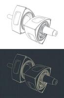 Rotors and eccentric shaft of a rotary engine isometric blueprints vector