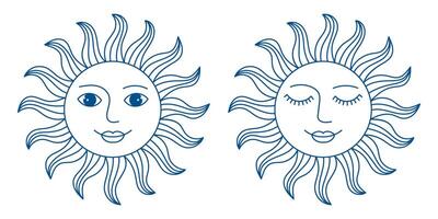 Blue abstract sun faces with open and closed eyes. Hand drawn doodle icon illustration vector