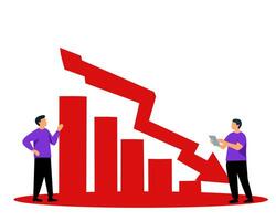 Illustration of business loss with a declining bar chart and red arrow. Two businessmen analyzing financial crisis, recession, or negative economic trend vector