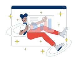 Interactive data analysis in virtual workspace 2D illustration concept. Black female professional monitoring chart in browser window cartoon character isolated on white. Flat abstract metaphor vector