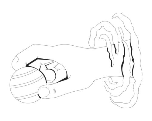 Surreal lo-fi hand holding striped planet outline illustration. Cosmic fantasy. Dreamlike space magic. Dreamy grip celestial body isolated 2D image black and white. Linear drawing clip art