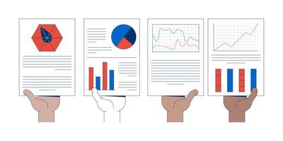 Diverse hands holding business reports paperwork 2D illustration concept. Analytics pages. Infographics corporate handouts cartoon composition isolated on white. Flat abstract metaphor vector