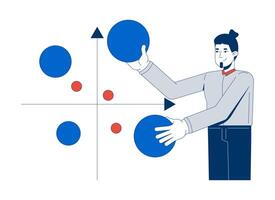 Businessman analyzing bubble chart 2D illustration concept. Scatter plot with XY axis. Corporate male analyst holding data points cartoon character isolated on white. Flat abstract metaphor vector