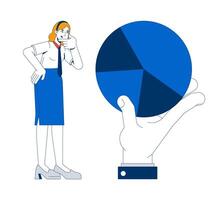 Taking closer look at data 2D illustration concept. Professional analyzing piechart. Female analyst pie chart interpretation cartoon character isolated on white. Flat abstract metaphor vector