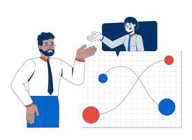 Data discussion and analysts collaboration 2D illustration concept. Diverse businesspeople analyzing performance chart nodes cartoon characters isolated on white. Flat abstract metaphor vector