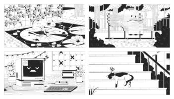 Peaceful and nostalgic lofi illustrations outline set. Frog in pond, ghost reading, retro computer, cat napping 2D ink linear flat lo fi drawings. Line art aesthetic wallpapers collection vector