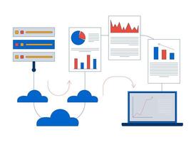 Transfer data analytics from server to laptop 2D illustration concept. Cloud computing, database processing, business intelligence cartoon composition isolated on white. Flat abstract metaphor vector