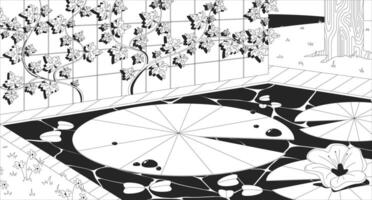 Lily pads and lotus flower in lo-fi pond line illustration backdrop. Blooming backyard garden water. Lilypad, waterlily with ivy vines wall 2D ink outline monochrome background. Lineart vector