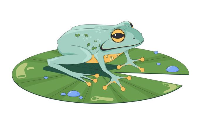 Cute frog sitting on lily pad 2D cartoon character. Peaceful pond creature wet leaf. Lo-fi amphibian on lilypad with water droplets flat animal isolated on white. Spot illustration colorful