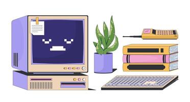 Retro computer keyboard with books, plant and phone 2D cartoon objects set. Vintage monitor, 90s office, oldschool tech isolated elements flat clip arts on white. Spot illustrations collection vector