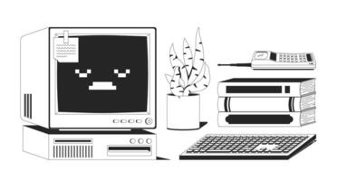 Retro computer keyboard with books, plant, phone 2D line objects set. Vintage monitor, 90s office, oldschool tech isolated cliparts ink outline items. Monochrome spot illustrations collection vector