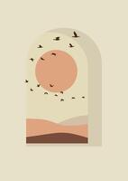 Birds group in flight in the sunny sky. Swallow flock flies in the mountains view. Desert landscape. Spring view vector