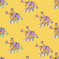 Vintage cartoon style flash disk and diskette mascot character seamless pattern vector