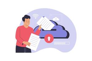 Flat Illustration of Document Upload to Cloud Storage for Digital File Management vector