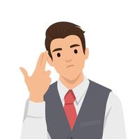 Man gestures near his temple, expressing intense thought or frustration over a difficult situation. vector