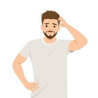 Young Man Scratching Head in Confusion. unsure about something he is thinking through. vector