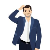 Confused Businessman Scratching His Head trying to solve a problem. vector