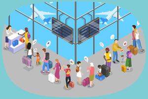 3D Isometric Flat Illustration of Airport Queue, Scene with Airplane Passengers vector