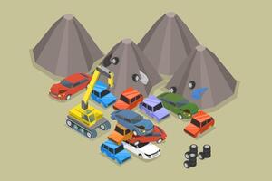 3D Isometric Flat Illustration of Car Dump Junkyard, Disposal of Crashed Auto vector