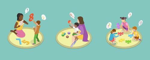 3D Isometric Flat Illustration of Autism Treatment, Delayed Language Skills, Developmental Disorder vector