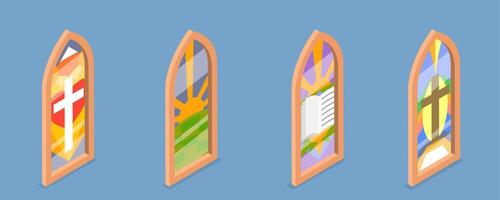 3D Isometric Flat Set of Church Stained Arched Windows , Different Styles and Drawing vector
