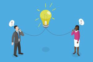 3D Isometric Flat Illustration of Good Communication Skills, Problem Discussing and Brainstorming vector