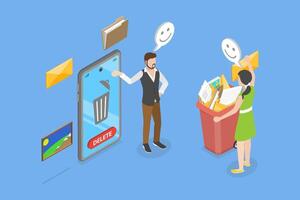 3D Isometric Flat Illustration of Cleaning Mobile Phone, Message Trash vector