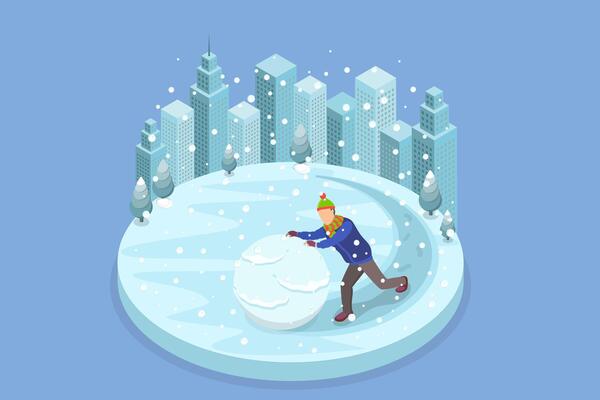 3D Isometric Flat Illustration of Winter Games, Rolling a Big Snowball