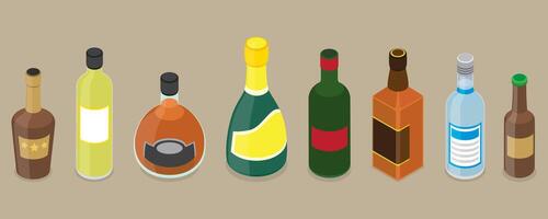 3D Isometric Flat Set of Bottles with Alcohol Drinks, Cocktail Beverages vector