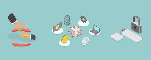 3D Isometric Flat Illustration of DeFi Decentralized Finance, Blockchain Technology vector