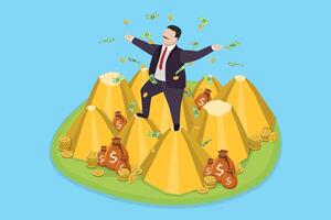 3D Isometric Flat Illustration of Rich Man, Billionaire is Saving and Multiplying his Money vector