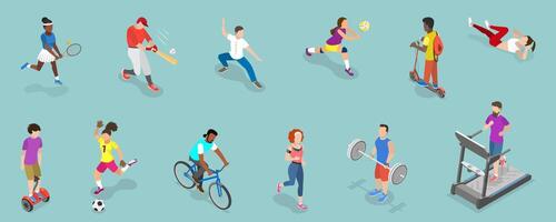 3D Isometric Flat Set of Different Physical Activities, Healthy Activity and Lifestyle vector