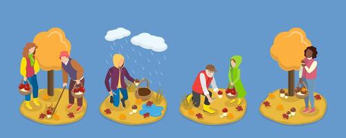 3D Isometric Flat Illustration of Mushroom Picking, Autumn Forest vector