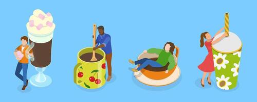 3D Isometric Flat Set of Various Hot And Cold Beverages, Collection of People Enjoying Their Drinks vector