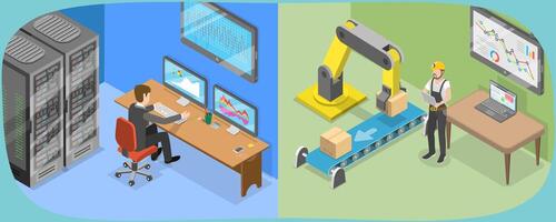 3D Isometric Flat Illustration of Information Technology And Operational Technology, IT vs OT vector
