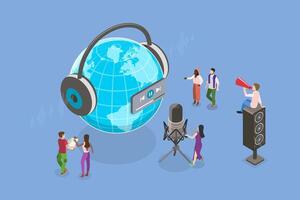3D Isometric Flat Illustration of Podcast Broadcast, Sound Recording, Global Telecommunication vector