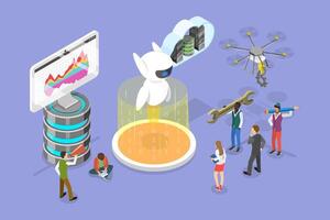 3D Isometric Flat Illustration of Robot Building Technology, Cybernetic Artificial Intelligence vector